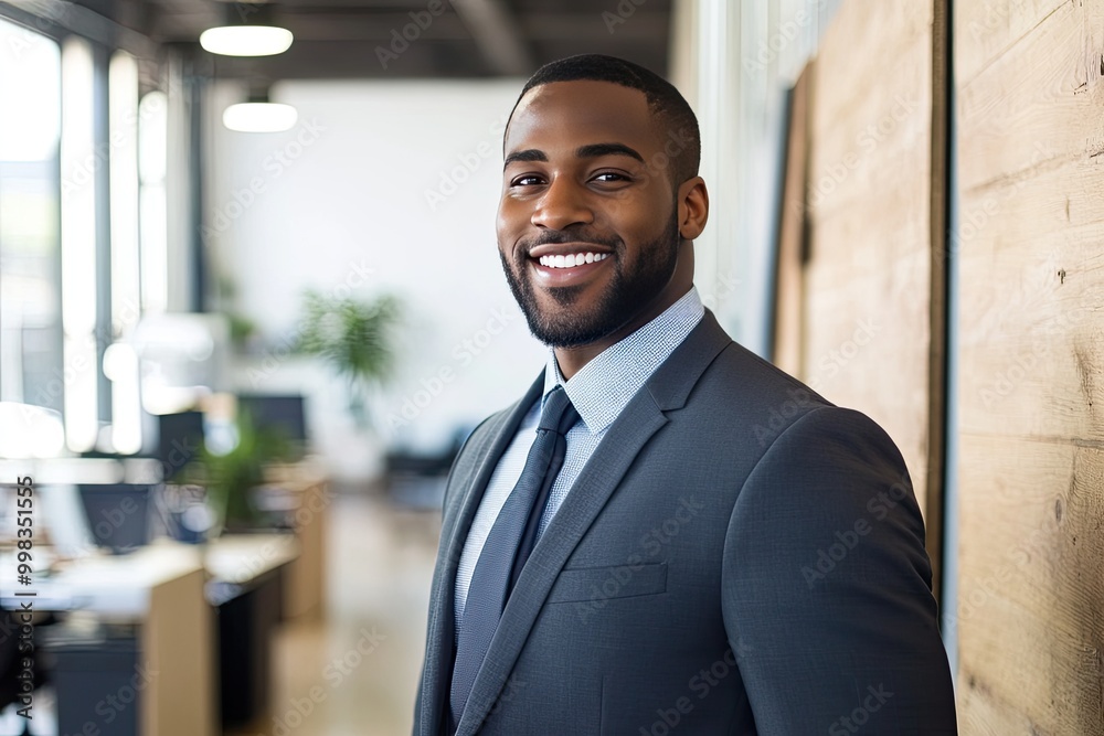 Smiling man in a professional suit, confident and standing in an office environment Smiling man in a professional suit, confident and standing in an office environment