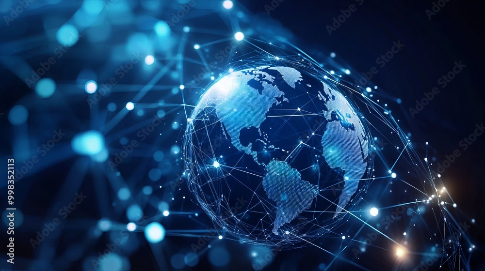 Fototapeta premium Global communication networks leverage internet technology for IoT, telecommunications, data exchange, worldwide connectivity, financial transactions, business operations, blockchain applications