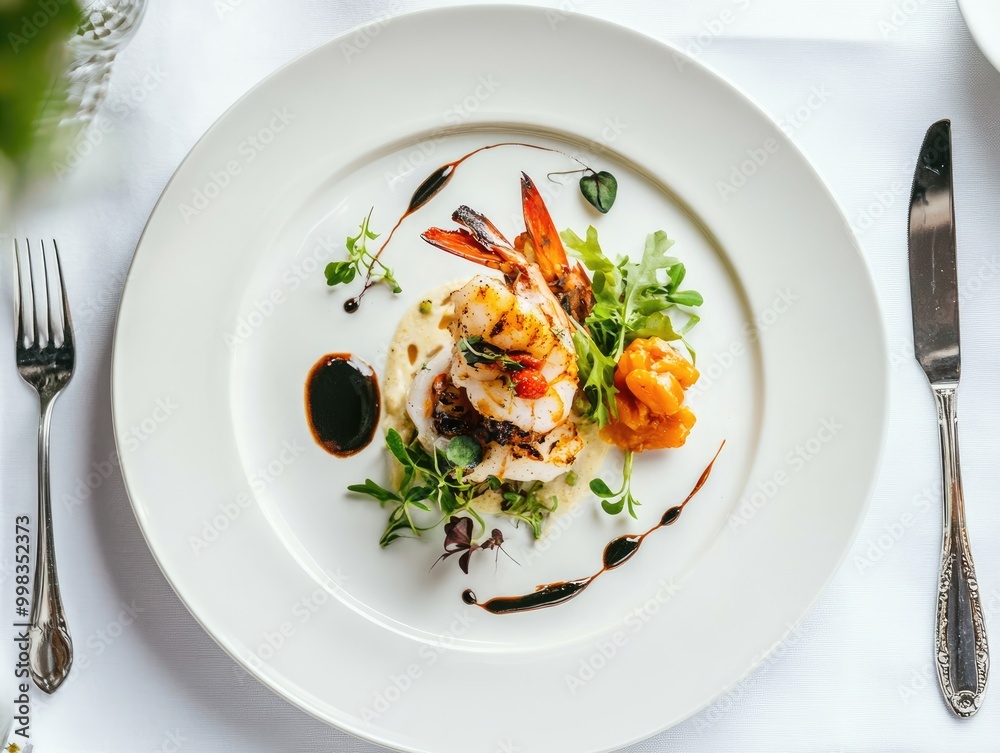 White plate with a seafood dish, minimal presentation on a clean background White plate with a seafood dish, minimal presentation on a clean background
