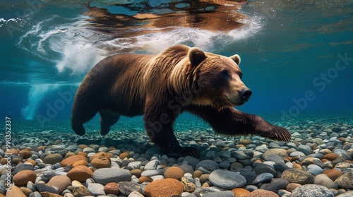 a bear swimming underwater with a stone bottom, underwater photo