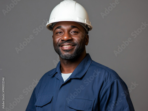 Confident electrician in blue uniform with a white hard hat.