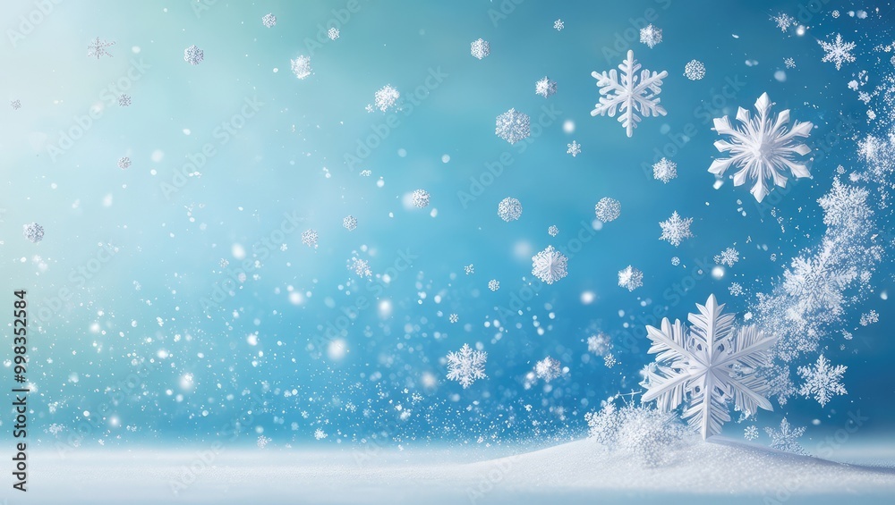 Christmas festive blue background with 3D-rendered white snowflakes and ample copyspace, ideal for holiday cards or seasonal greetings Christmas festive blue background with 3D-rendered white snowflakes and ample copyspace, ideal for holiday cards or seasonal greetings