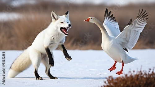 The arctic fox stands on two paws, preparing to jump on the goose