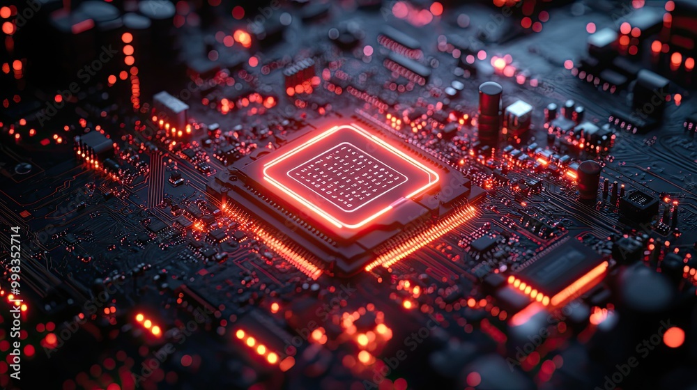A 3D render of a futuristic motherboard with a microchip and info symbol, displaying white neon data flow between users and the CPU in an advanced information technology concept. A 3D render of a futuristic motherboard with a microchip and info symbol, displaying white neon data flow between users and the CPU in an advanced information technology concept.