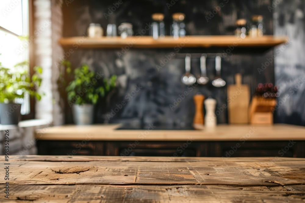 Rustic Wooden Kitchen Counter with Modern Shelves and Kitchenware Rustic Wooden Kitchen Counter with Modern Shelves and Kitchenware