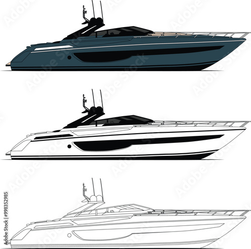 Vector, line art, and color image of motor yacht on a white background	
