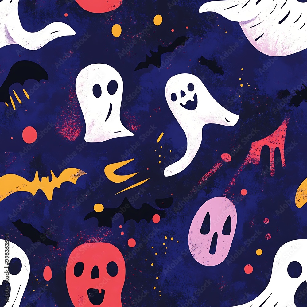 Spooky Halloween pattern featuring playful ghosts and bats against a background Spooky Halloween pattern featuring playful ghosts and bats against a background