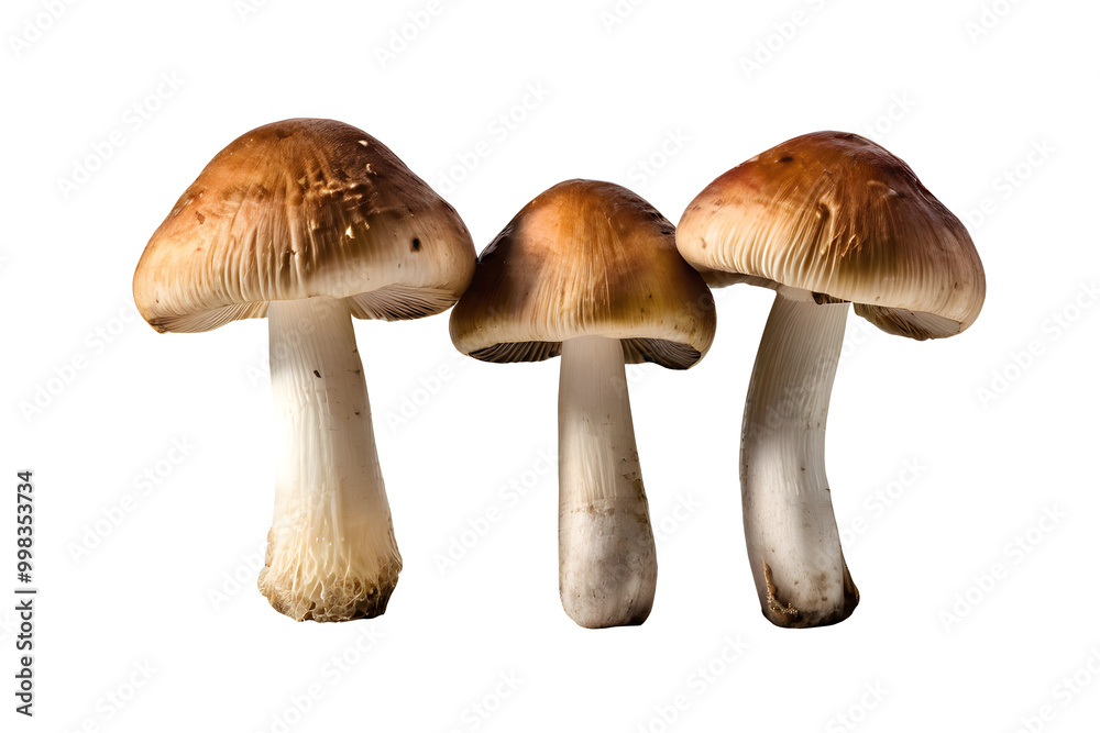Three fresh champignon mushrooms isolated on a transparent or white background. Three fresh champignon mushrooms isolated on a transparent or white background.