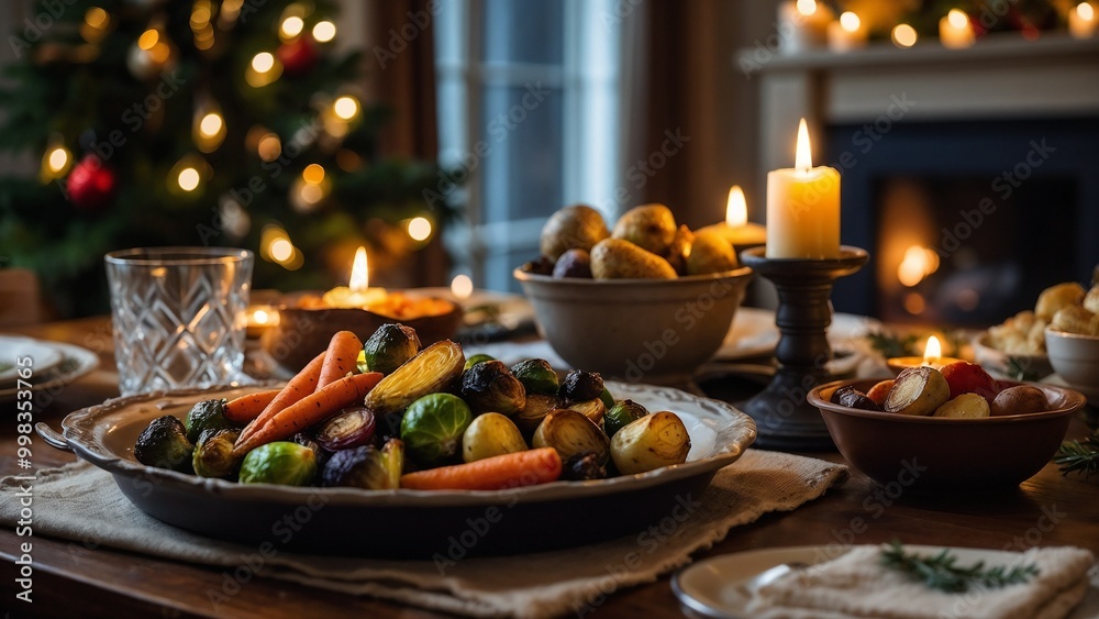 Christmas Dinner Table with Roasted Vegetables and Festive Candlelight Ambiance Christmas Dinner Table with Roasted Vegetables and Festive Candlelight Ambiance
