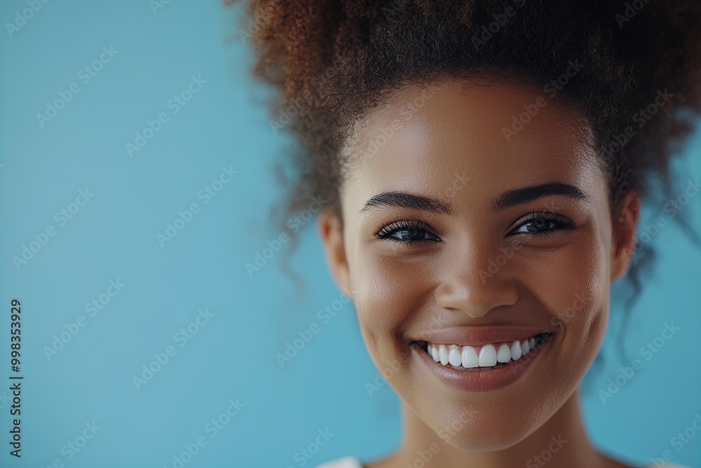 Smiling Young Woman With Curly Hair in Front of a Blue Background, Expressing Joy and Confidence During a Sunny Day Smiling Young Woman With Curly Hair in Front of a Blue Background, Expressing Joy and Confidence During a Sunny Day