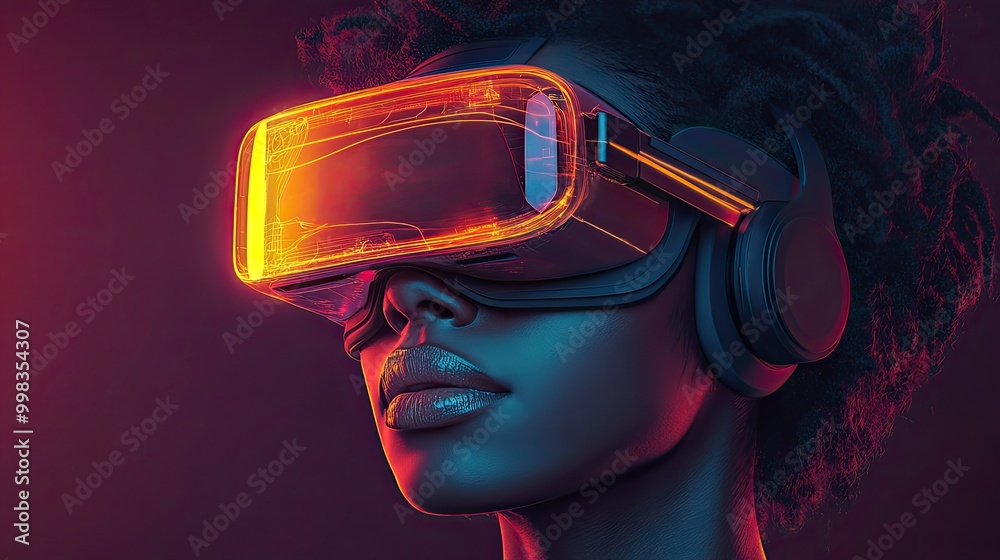 A black woman wearing a VR headset is illustrated with glowing lines. A black woman wearing a VR headset is illustrated with glowing lines.