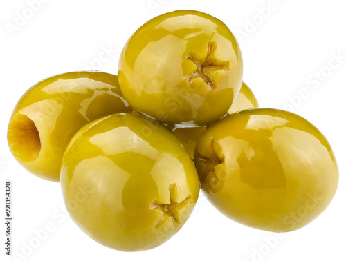 Close-up several green natural pitted olives preserved isolated on a transparent background. Completely in focus. Macro photo.