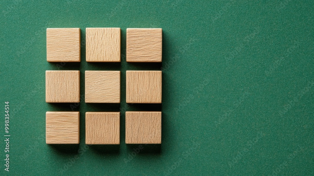 Wooden blocks in pyramid shape on green background