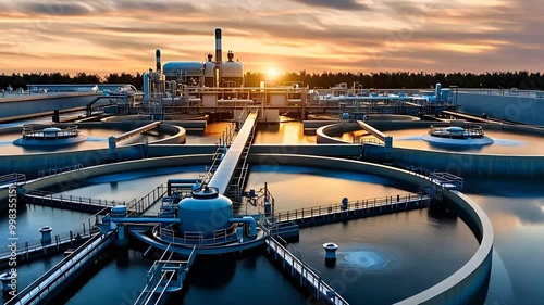 Modern water treatment plant at sunset, highlighting wastewater management, environmental sustainability, and advanced industrial infrastructure.

