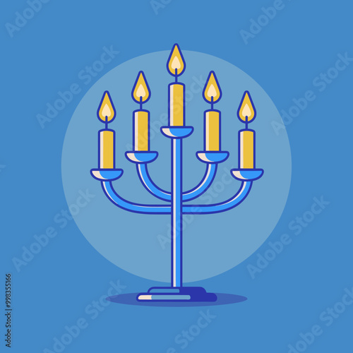 Hanukkah menorah flat color icon on blue background. Vector illustration.