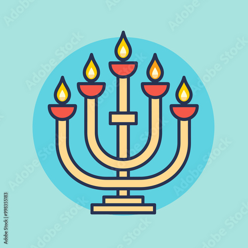 Hanukkah menorah flat color icon on blue background. Vector illustration.
