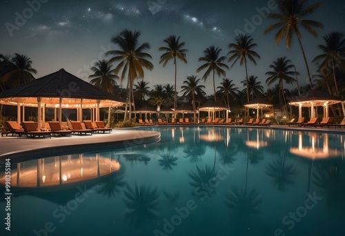 A tropical resort pool with floating circular platforms and lounge chairs, surrounded by lush greenery