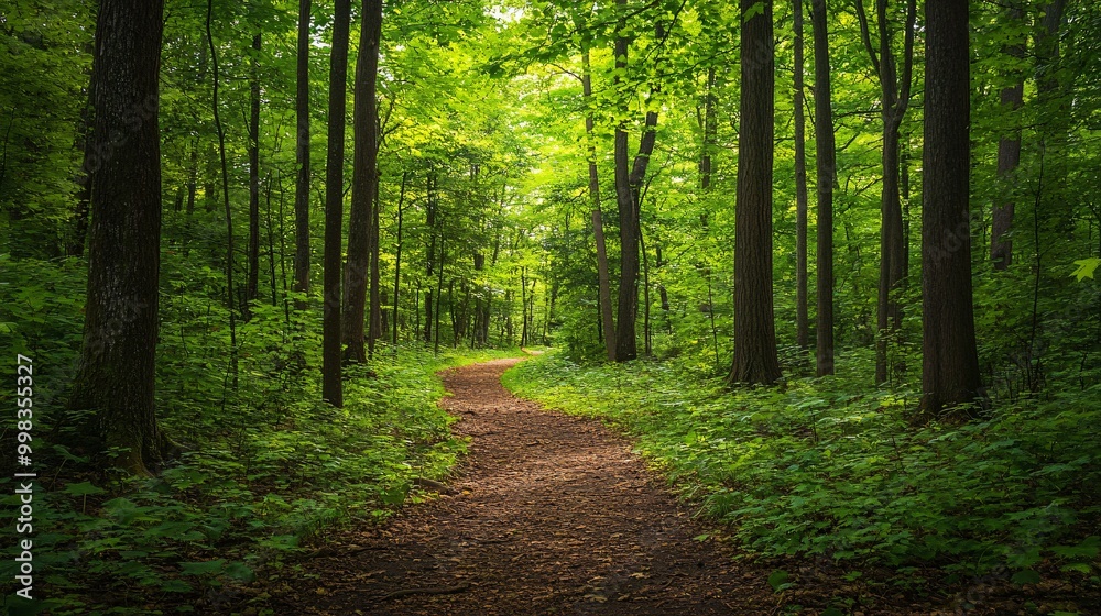 Fototapeta premium A winding dirt path through a lush green forest.