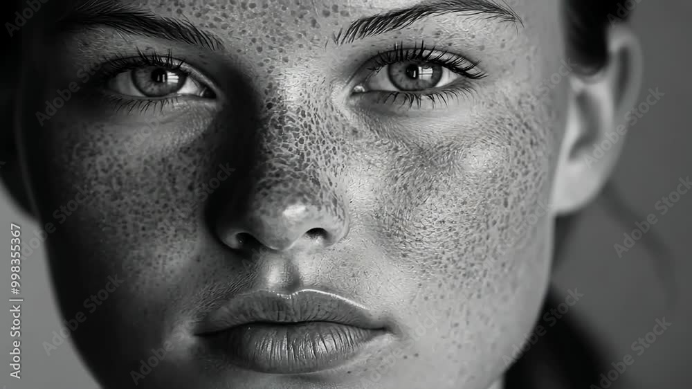 Captivating close-up portrait of woman with freckles in monochrome Captivating close-up portrait of woman with freckles in monochrome