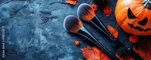 Makeup brushes with Halloween pumpkin and leaves on dark background.