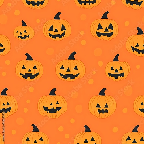 Playful Halloween pattern featuring black pumpkins and bats on a vibrant orange background photo