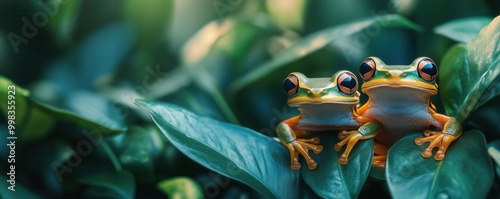 Two colorful frogs perched on lush green leaves in a tropical environment.