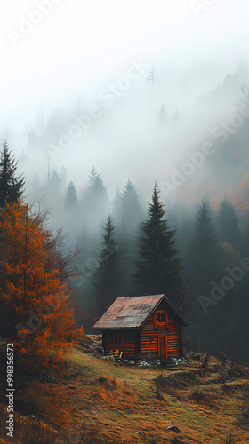 An old house in natural view.big mountain.An isolated mountain hut in the foggy forest.