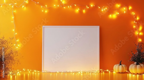 Minimalist studio backdrop featuring a blank white frame against a vibrant orange wall adorned with white fairy lights. Ideal for showcasing products or creating a festive Halloween atmosphere. 