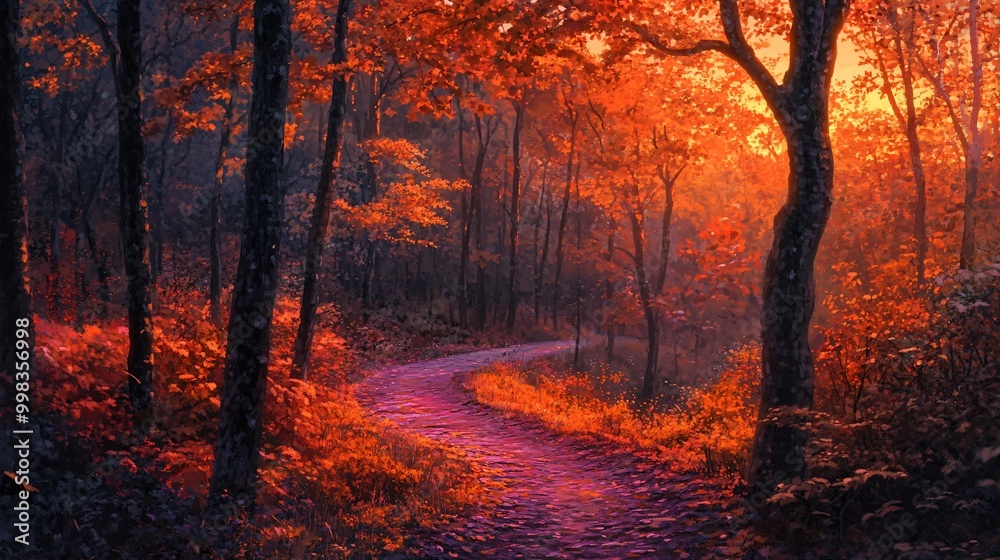 A winding dirt road leads through a forest with vibrant red and orange foliage, bathed in the warm light of the setting sun. A winding dirt road leads through a forest with vibrant red and orange foliage, bathed in the warm light of the setting sun.