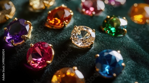 Macro shot of rare gemstones set in handcrafted jewelry, placed on a velvet surface to highlight the brilliance and detail of the stones.