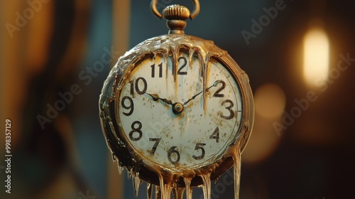 An old pocket watch whose numbers and hands have become liquid, melting and dripping downwards in a surreal, Salvador Dali­-style effect. photo