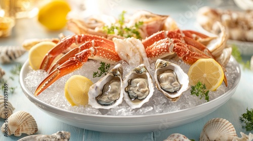 Summer seafood platter with oysters, clams, and crab legs on a coastal table