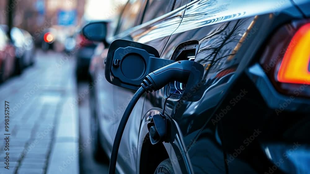 Modern electric car plugged into a public charging station on a city street, showcasing the growing popularity of sustainable transportation Modern electric car plugged into a public charging station on a city street, showcasing the growing popularity of sustainable transportation