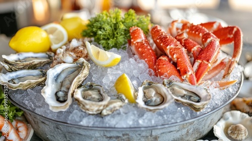 Refreshing summer seafood platter with seasonal shellfish and coastal decor photo