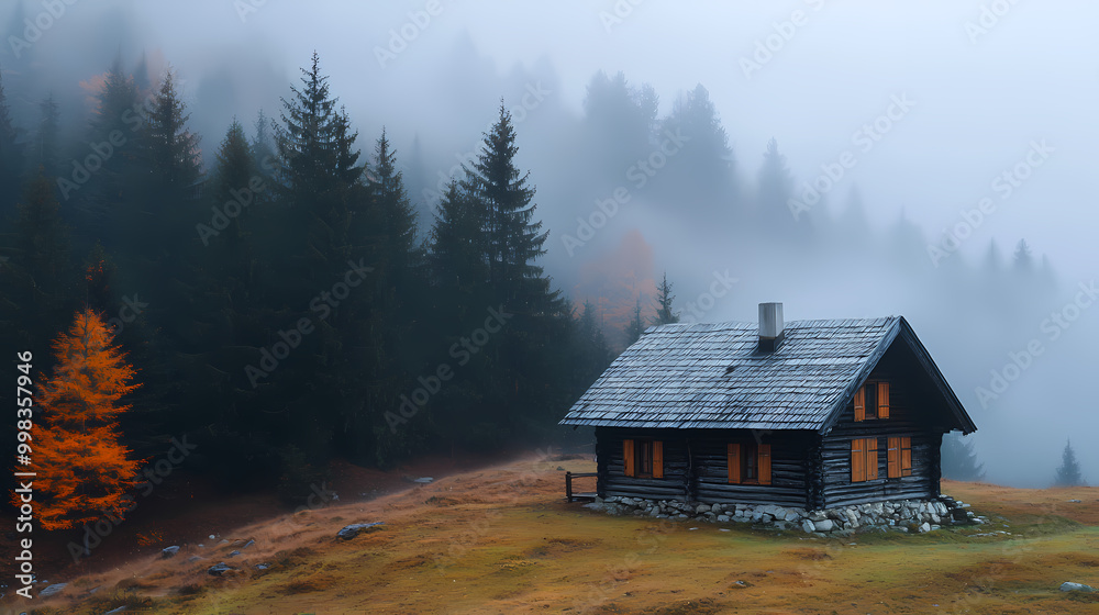An old house in natural view.big mountain.An isolated mountain hut in the foggy forest. An old house in natural view.big mountain.An isolated mountain hut in the foggy forest.