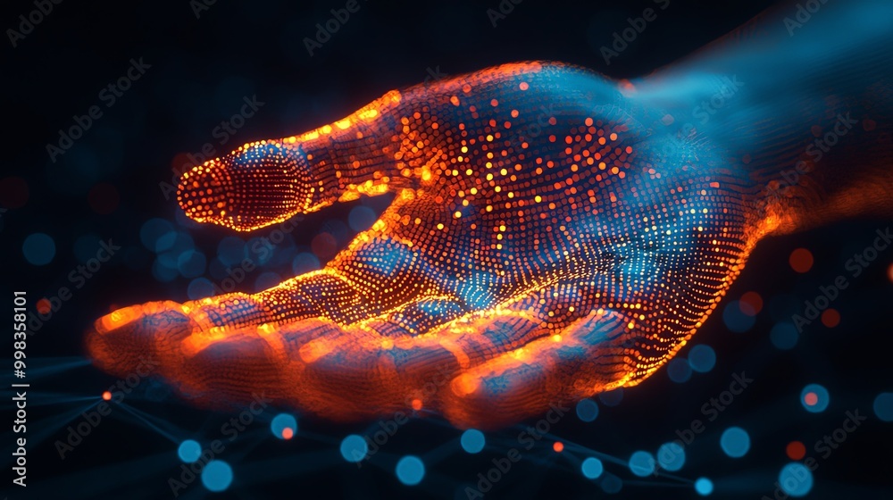 A visually stunning digital hand with blue and orange particles floating around, blending technology with abstract art in a dynamic and captivating composition. A visually stunning digital hand with blue and orange particles floating around, blending technology with abstract art in a dynamic and captivating composition.