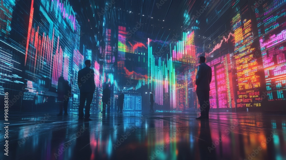 Futuristic stock market trading floor with holographic graphs symbolizing market volatility Futuristic stock market trading floor with holographic graphs symbolizing market volatility