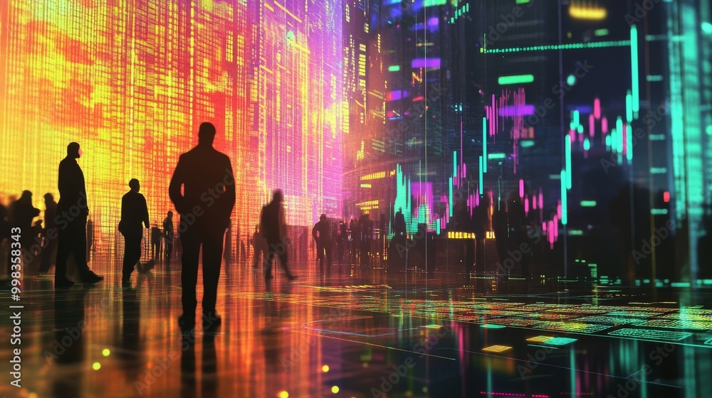 Holographic financial data floating above traders in a futuristic stock trading environment Holographic financial data floating above traders in a futuristic stock trading environment