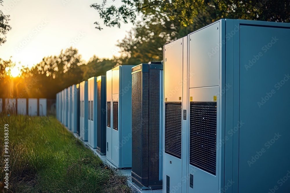 Naklejka premium Large outdoor data servers in a row with a sunset backdrop, representing the importance of modern data storage and digital infrastructure in the technological age.