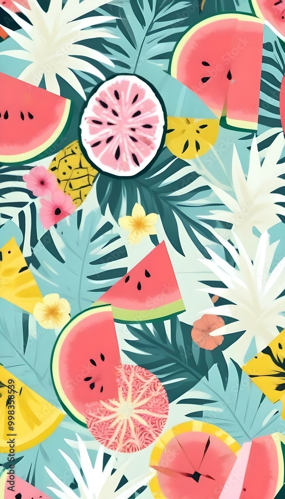 Naklejka premium A vibrant tropical-pattern featuring watermelon