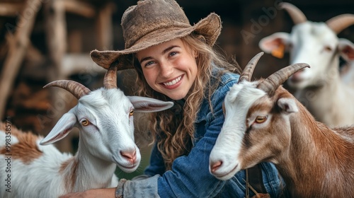 Female farmer taking care of cute goats. Young woman getting pet therapy at ranch. Animal husbandry for the industrial production of goat milk dairy products. Agriculture business and cattle farming photo