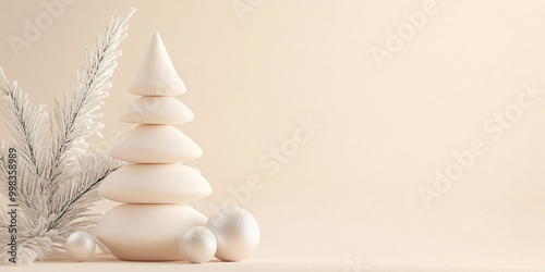 Minimalistic christmas beige background with christmas tree and balls, with space for text, new year decorations photo