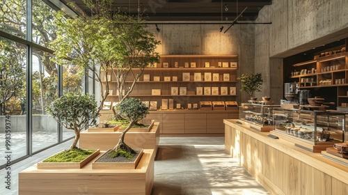 Modern Japanese coffee shop interior featuring sleek wooden furniture, potted bonsai trees, and a display of artisanal tea blends