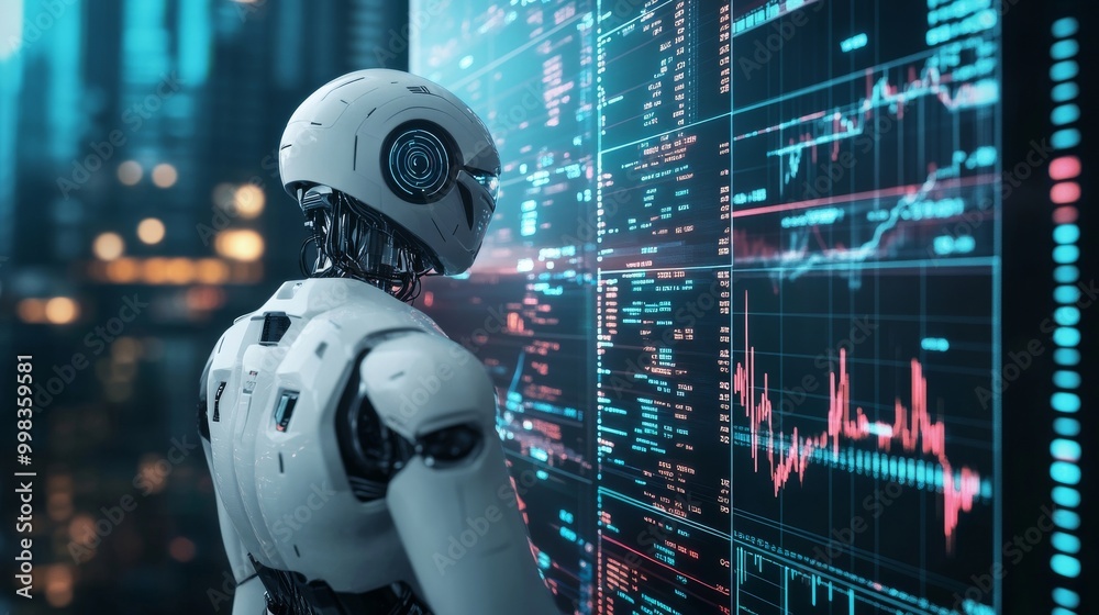 Robotic figure surrounded by holographic data charts symbolizing AI's data analysis abilities