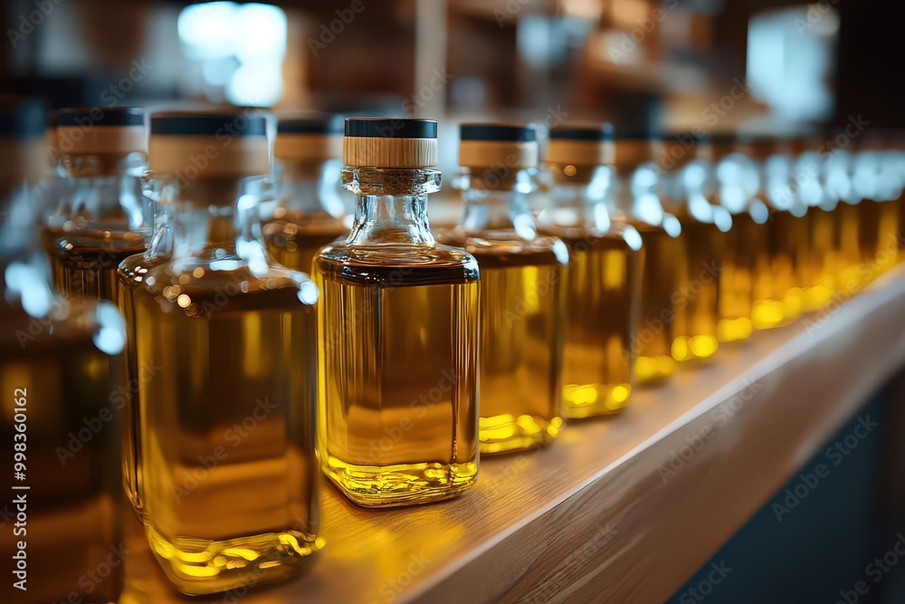 Row of small glass bottles filled with golden liquid, neatly arranged on wooden shelf in warm lighting. Row of small glass bottles filled with golden liquid, neatly arranged on wooden shelf in warm lighting.