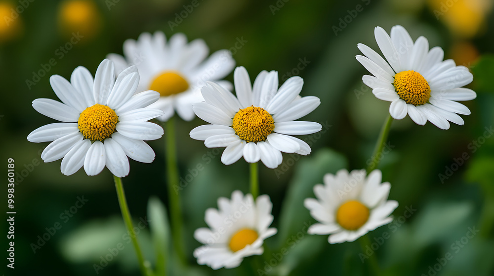Blooming Daisies in Spring, five small daisies with delicate petals, vivid foreground, lush green backdrop, fresh and clean atmosphere of spring Blooming Daisies in Spring, five small daisies with delicate petals, vivid foreground, lush green backdrop, fresh and clean atmosphere of spring