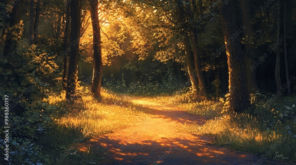 A winding path leads through a lush forest, bathed in the warm glow of the setting sun The trees stand tall, their branches reaching towards the sky A winding path leads through a lush forest, bathed in the warm glow of the setting sun The trees stand tall, their branches reaching towards the sky