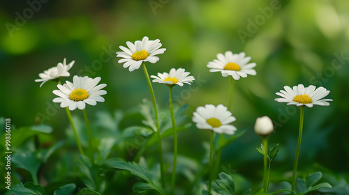 Blooming Daisies in Spring, five delicate flowers showcase vibrant petals against a crisp backdrop, evoking freshness and seasonal renewal.