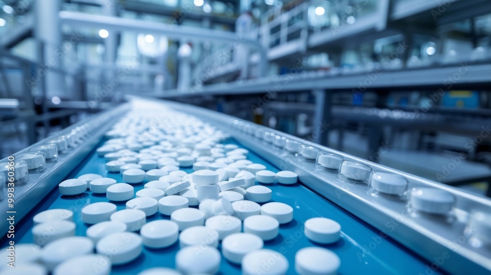 A conveyor belt is filled with white pills A conveyor belt is filled with white pills