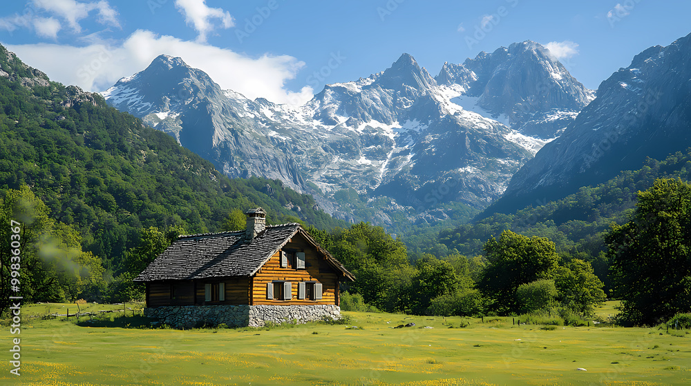An old house in natural view.big mountain.An isolated mountain hut in the foggy forest. An old house in natural view.big mountain.An isolated mountain hut in the foggy forest.